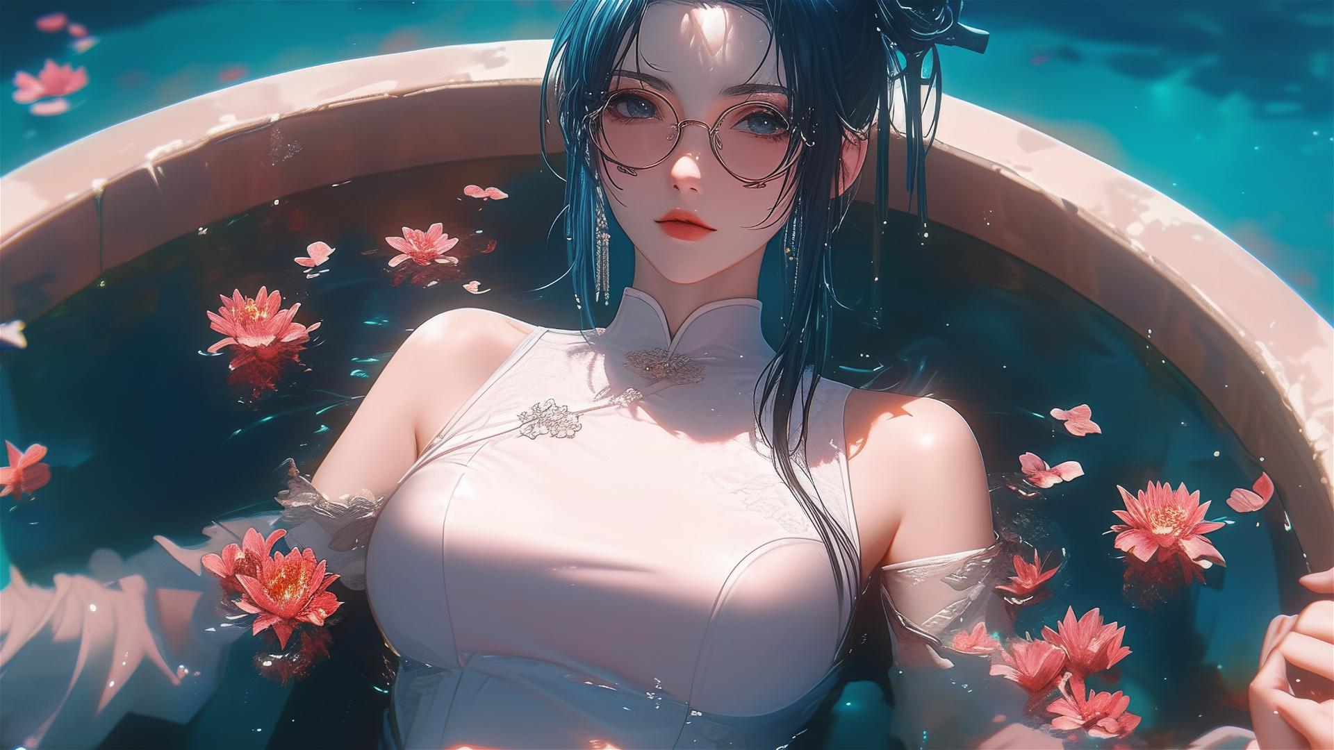 Maki Zenin in white outfit, in flower-filled tub, at Chinese spa, wearing glasses.