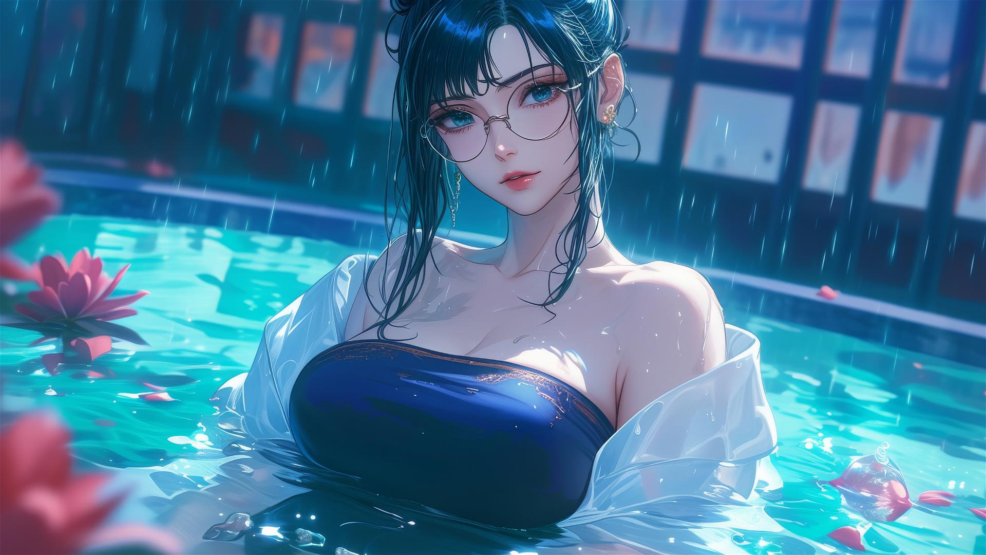 Maki Zenin from Jujutsu Kaisen in a flower-filled tub at a Chinese spa wearing eye glasses