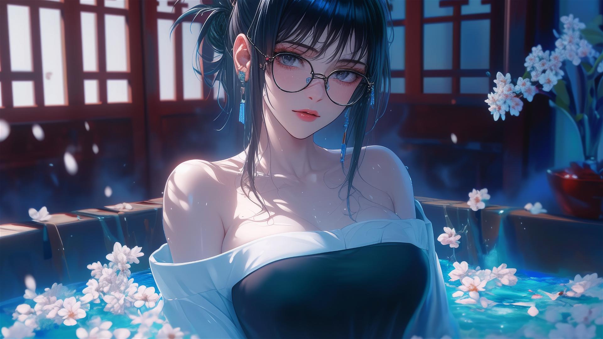 Maki Zenin from Jujutsu Kaisen in white outfit in a tub of flowers at a Chinese spa