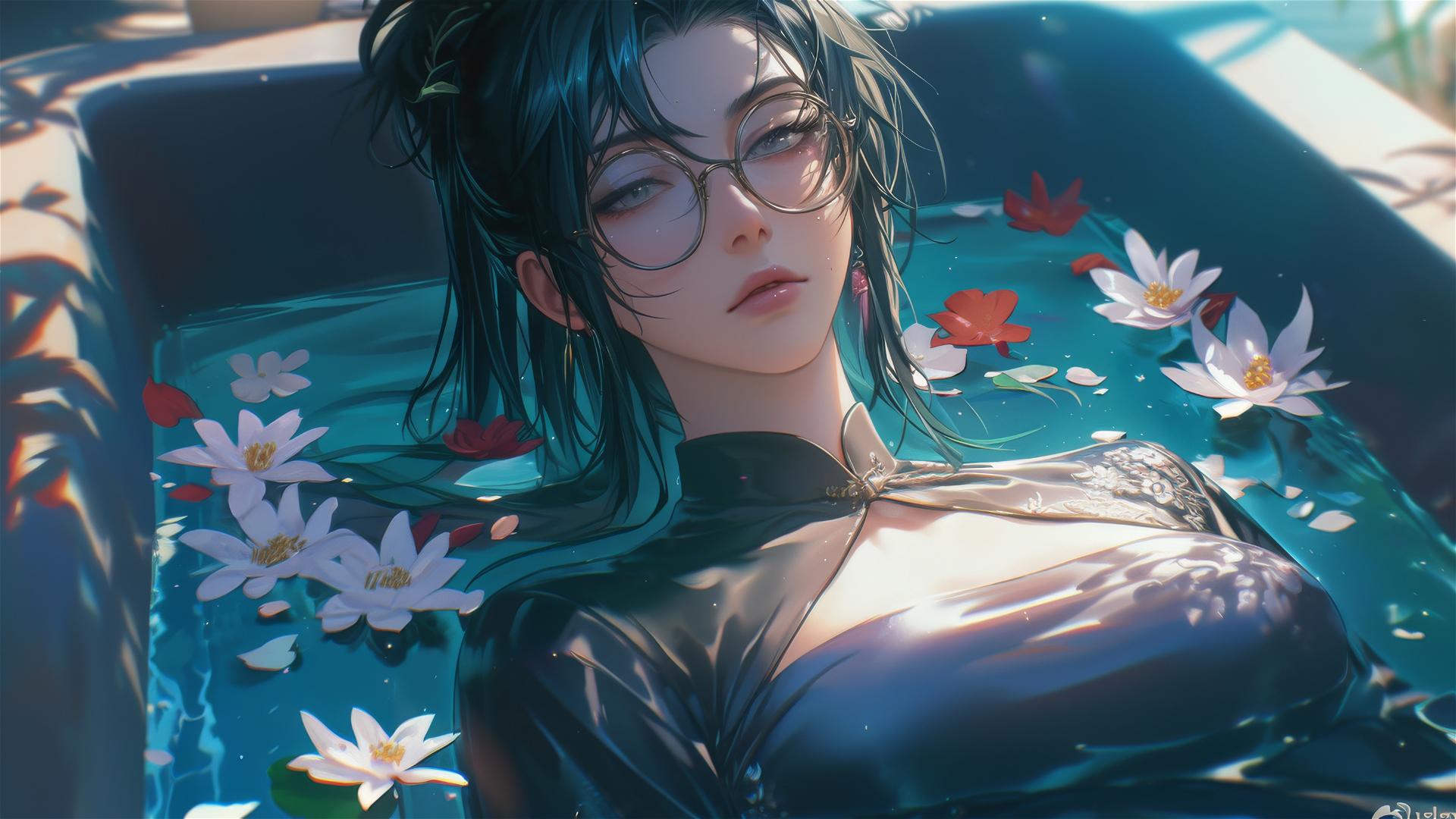Maki Zenin from Jujutsu Kaisen in a tub full of flowers, wearing eye glasses.