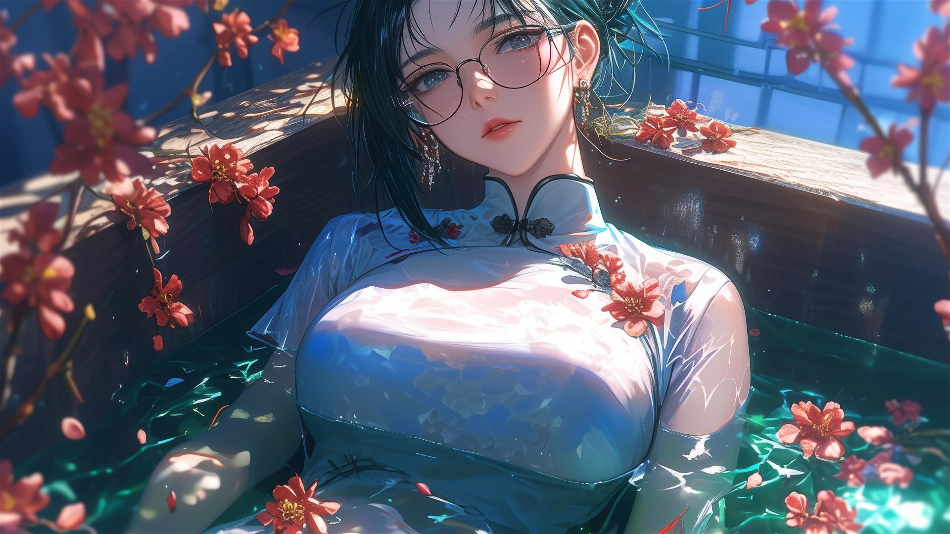 Maki Zenin in a flower-filled tub at a Chinese spa, wearing glasses, beautiful.