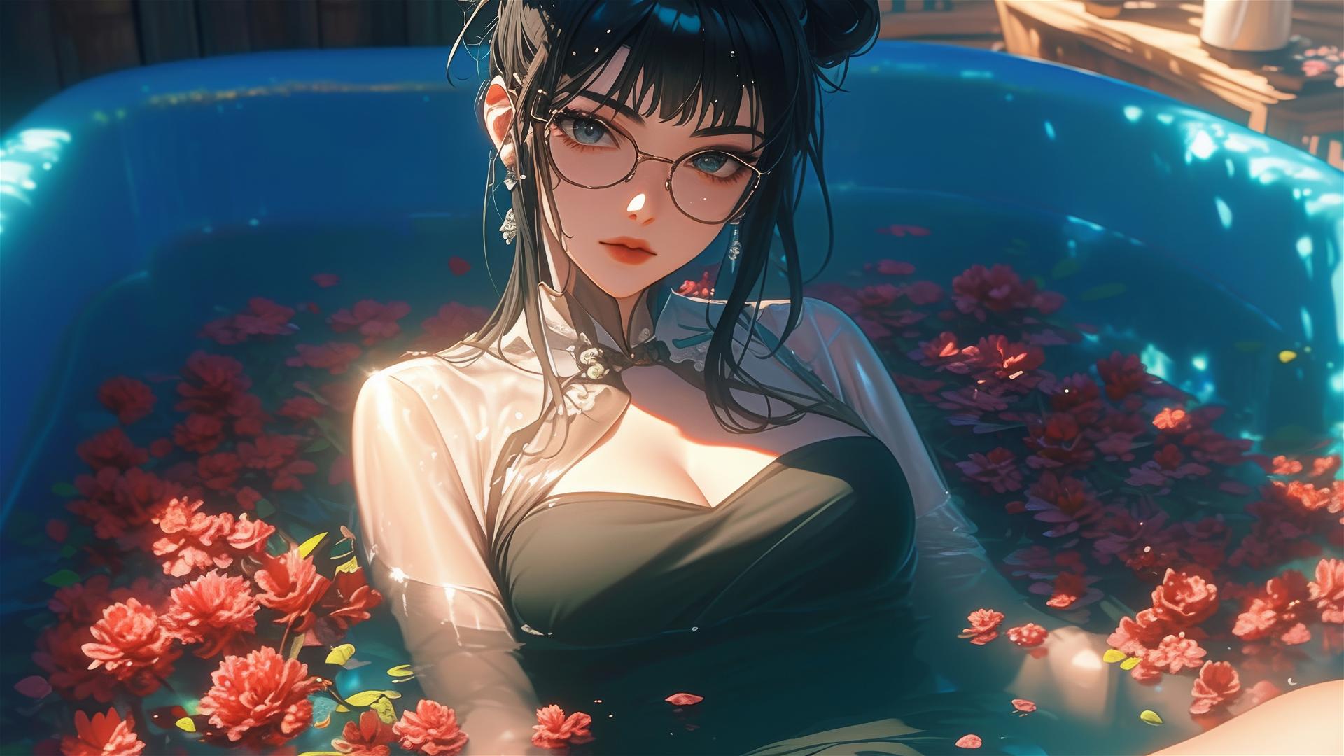 Maki Zenin from Jujutsu Kaisen in a tub of flowers wearing glasses