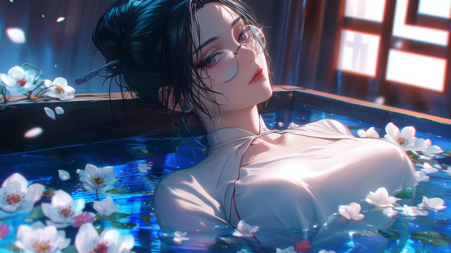 Maki Zenin from Jujutsu Kaisen in a tub full of flowers at a Chinese spa, wearing glasses