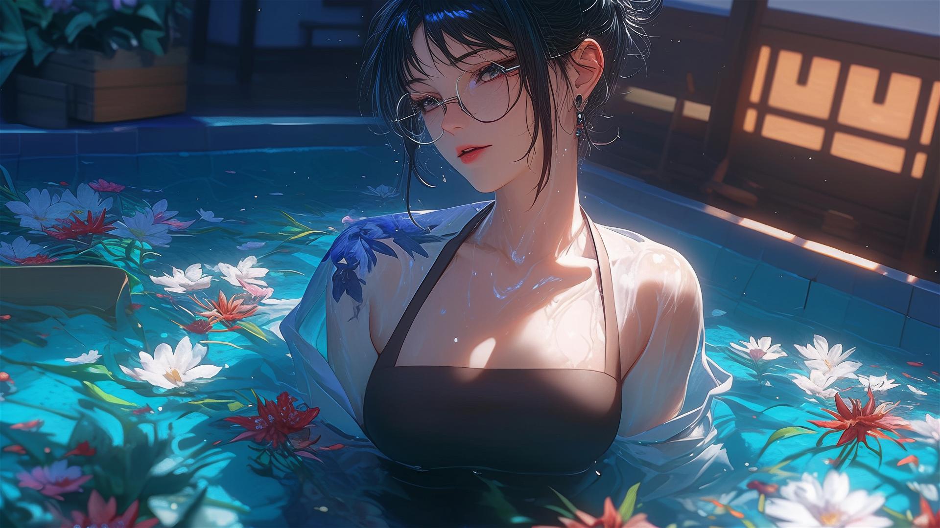 Maki Zenin from Jujutsu Kaisen in a tub of flowers at a Chinese spa, wearing glasses.