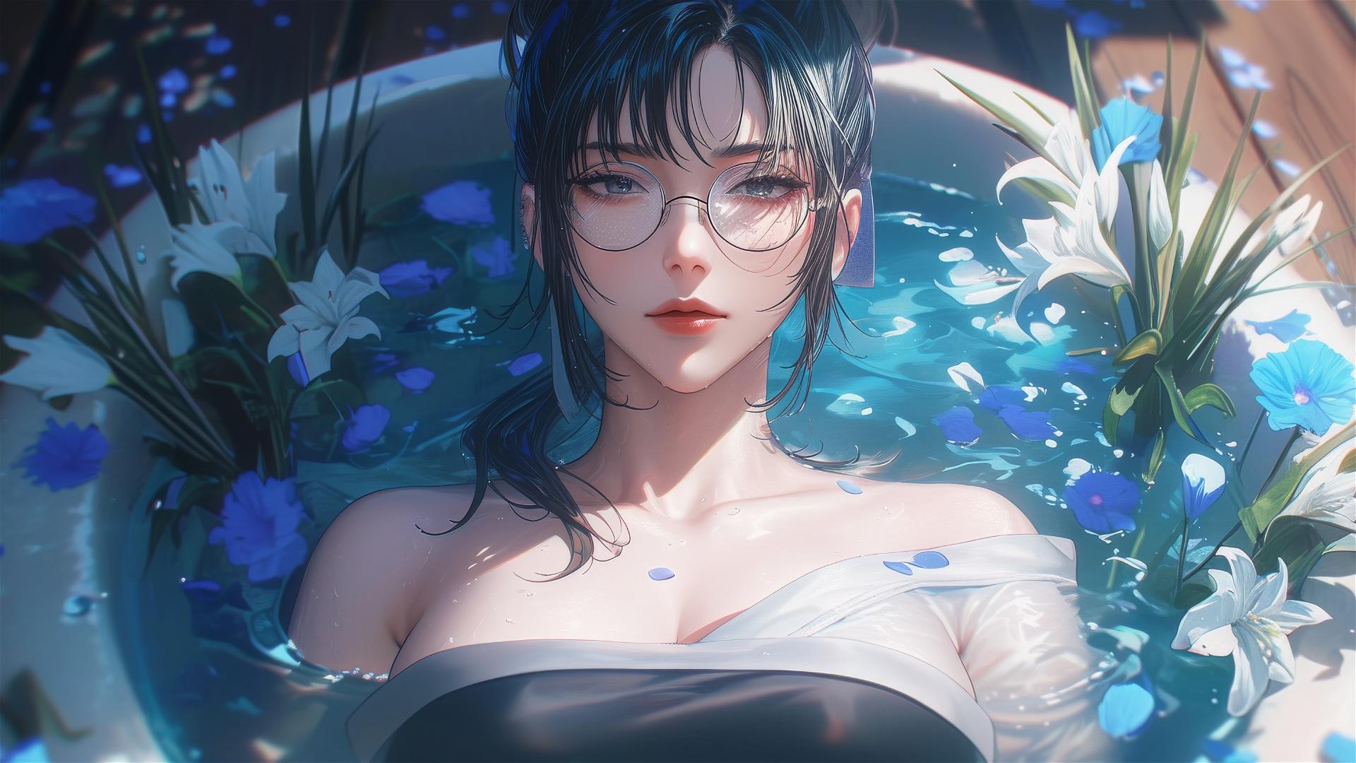 Maki Zenin from Jujutsu Kaisen in a tub full of flowers, wearing glasses