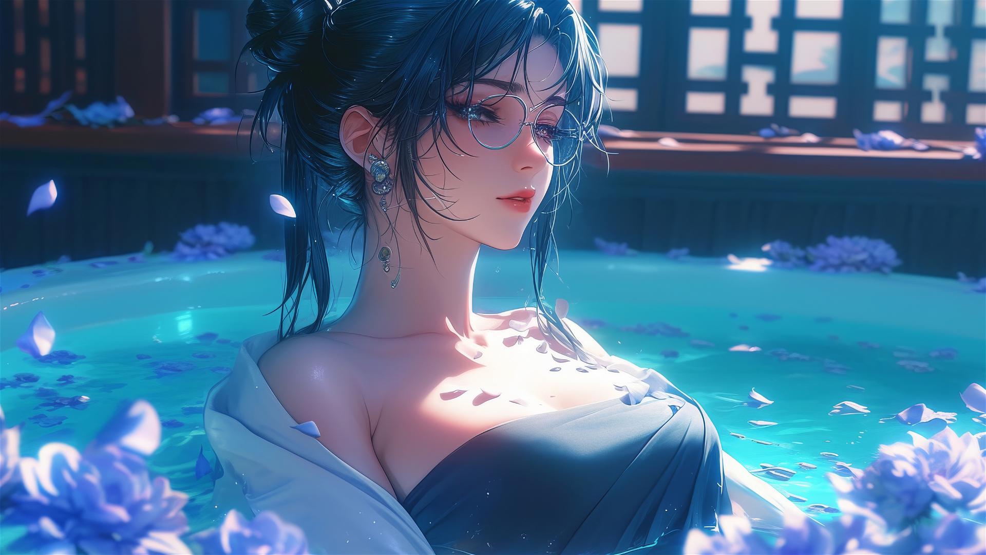 Maki Zenin from Jujutsu Kaisen in a flower-filled tub, wearing glasses