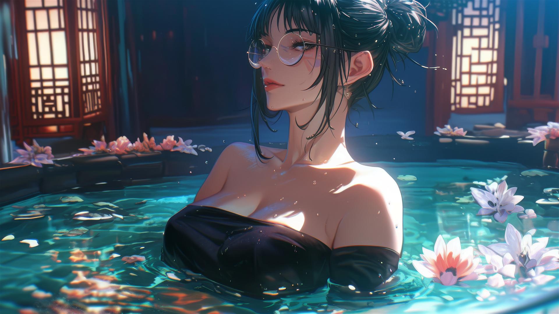 Maki Zenin in a tub full of flowers at a Chinese spa, wearing glasses