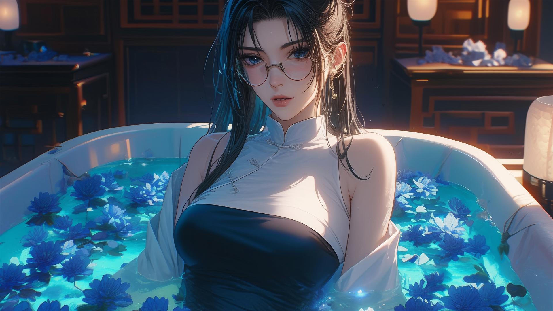 Maki Zenin from Jujutsu Kaisen in a tub full of flowers at a Chinese spa, wearing glasses