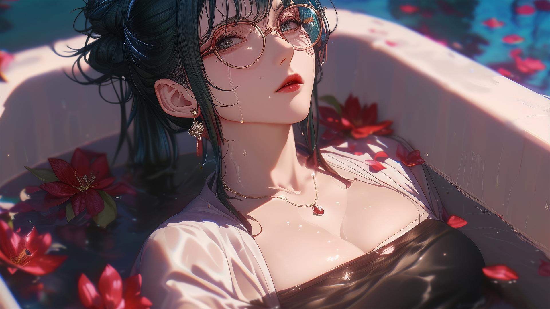 Maki Zenin in a floral bath at a Chinese spa, wearing eyeglasses