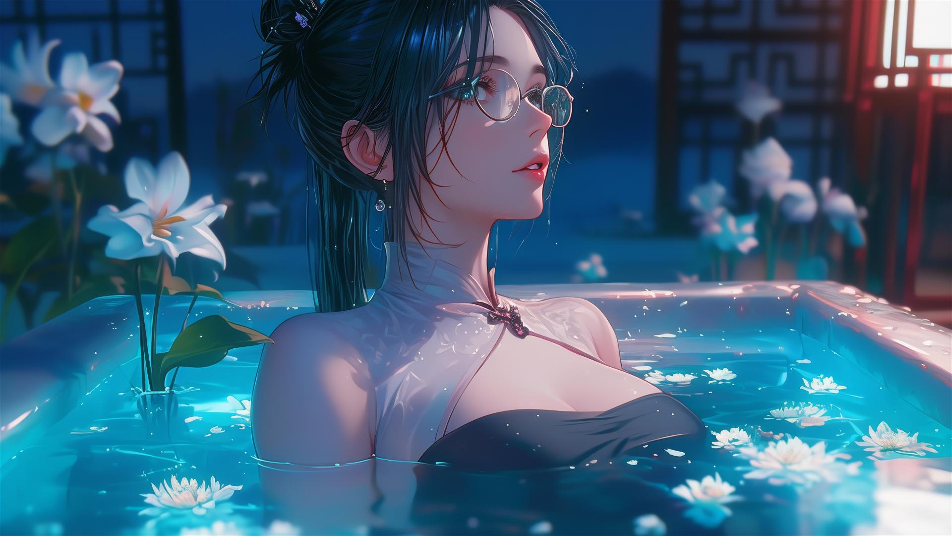 Maki Zenin from Jujutsu Kaisen in a tub full of flowers at a Chinese spa, wearing eyeglasses.
