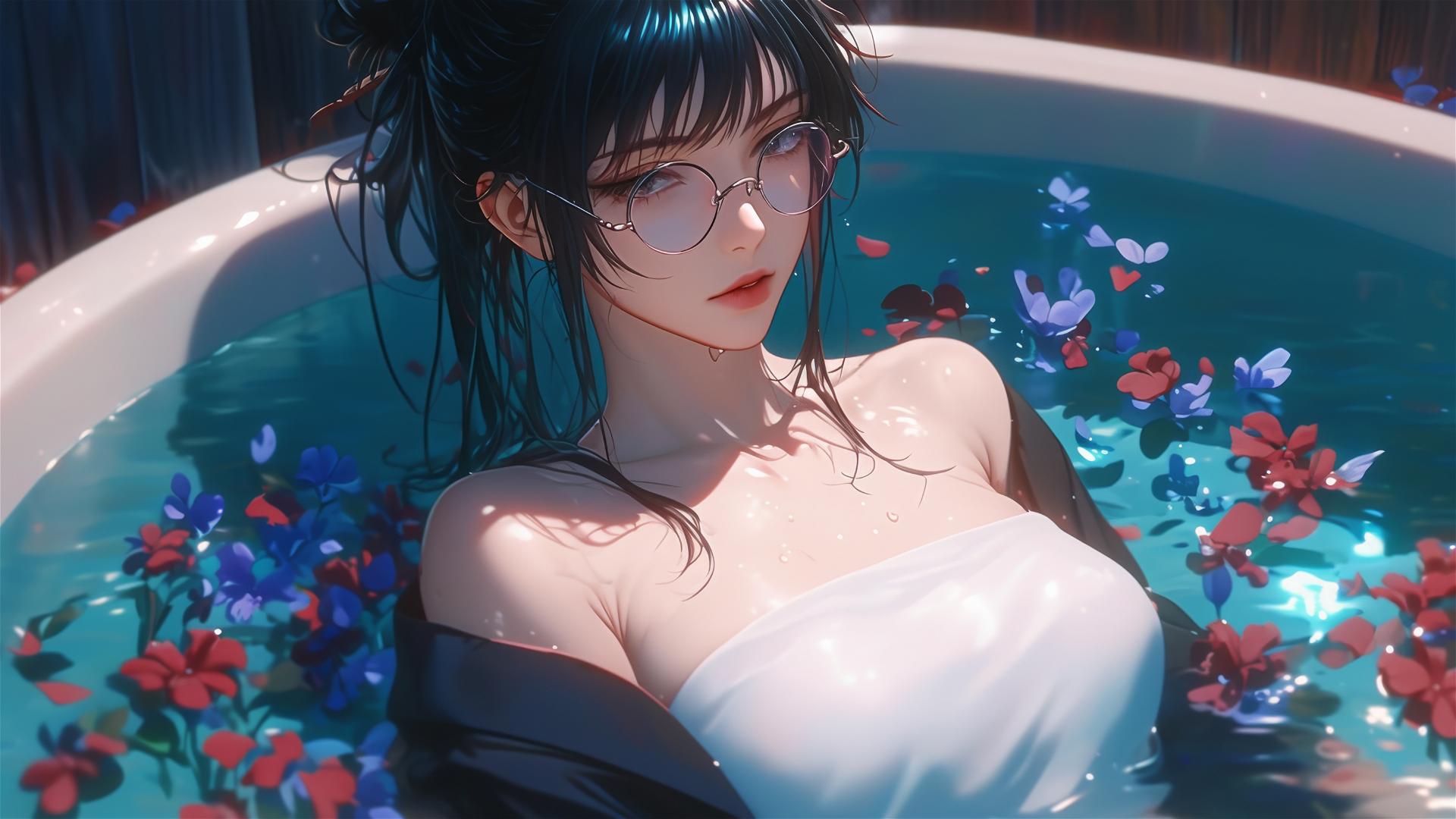 Maki Zenin from Jujutsu Kaisen in a tub full of flowers wearing eyeglasses