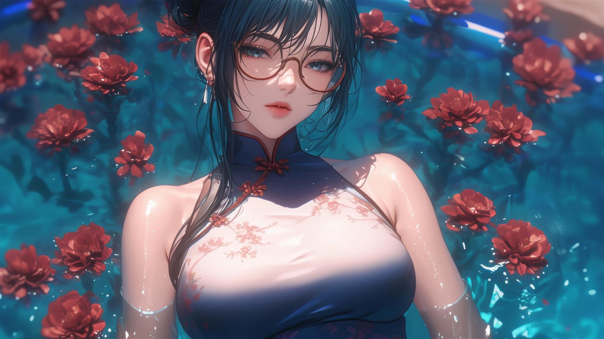 Maki Zenin from Jujutsu Kaisen in a flower-filled tub at a Chinese spa, wearing glasses.