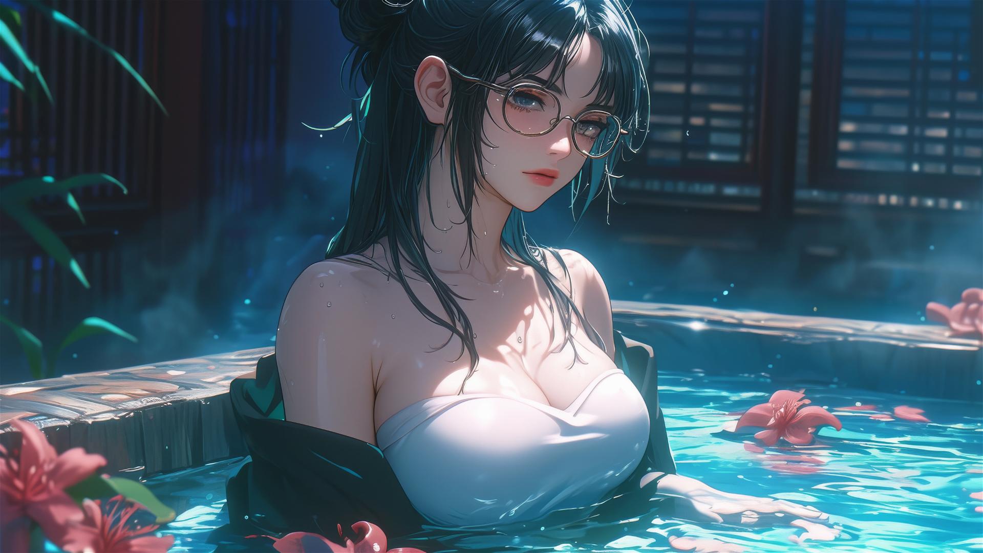 Maki Zenin from Jujutsu Kaisen wearing glasses, in a flower-filled tub at a Chinese spa.