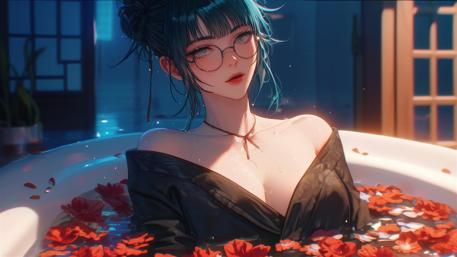Maki Zenin from Jujutsu Kaisen in a flower-filled tub at a Chinese spa, wearing eyeglasses.