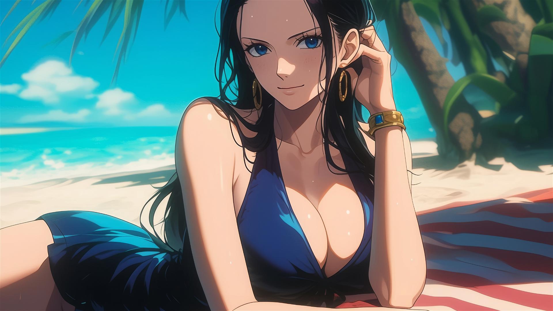 Nico Robin resting on a sunny beach with warm light casting a soft glow