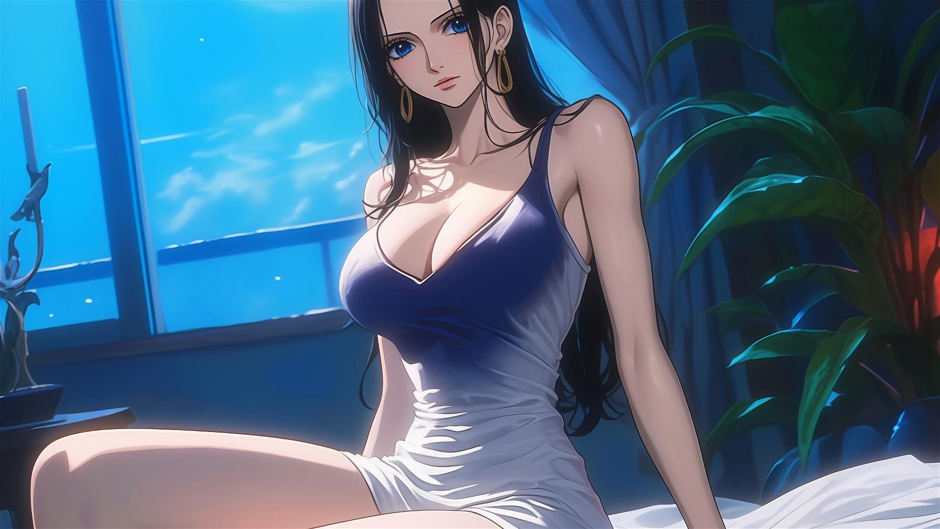 Nico Robin from One Piece in a modern hotel room wearing a pure white dress, moonlight glow
