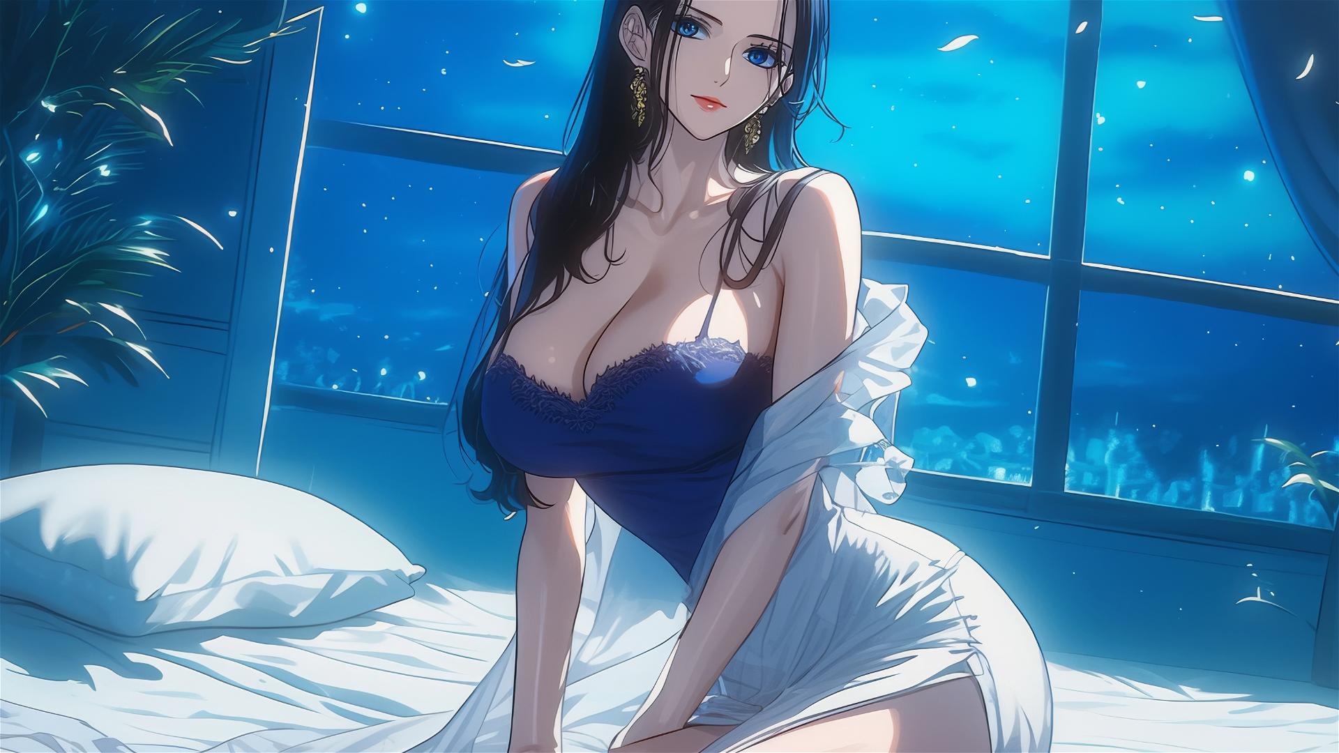 Nico Robin in pure white dress resting in modern hotel room with moonlight
