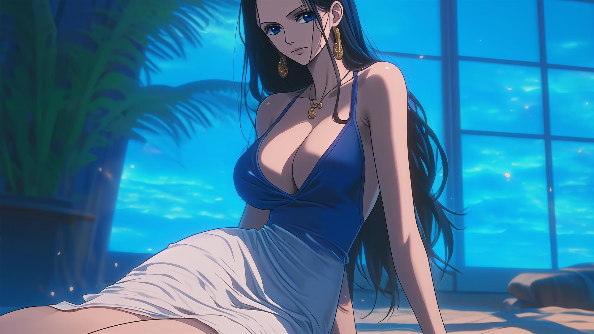 Nico Robin in white dress, relaxing in a hotel room under moonlight