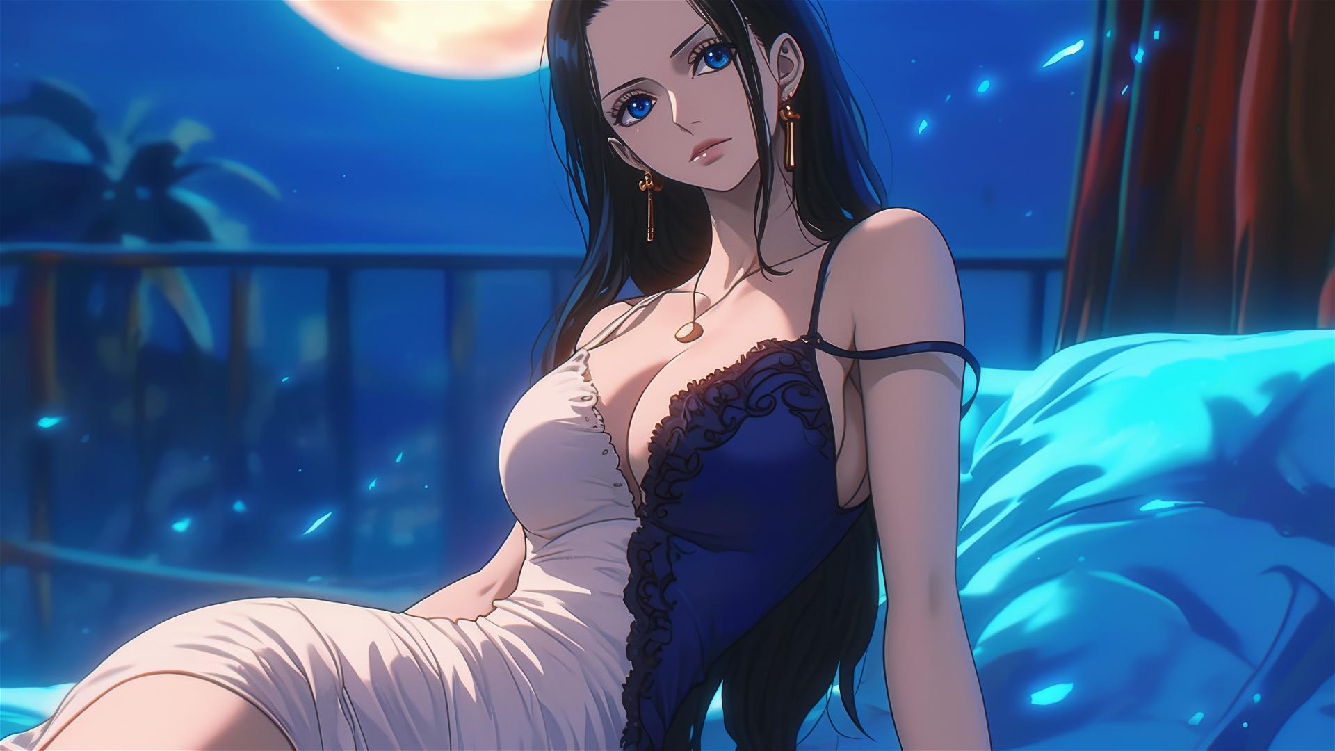 Nico Robin resting in a modern hotel room with moonlight glow, pure white dress