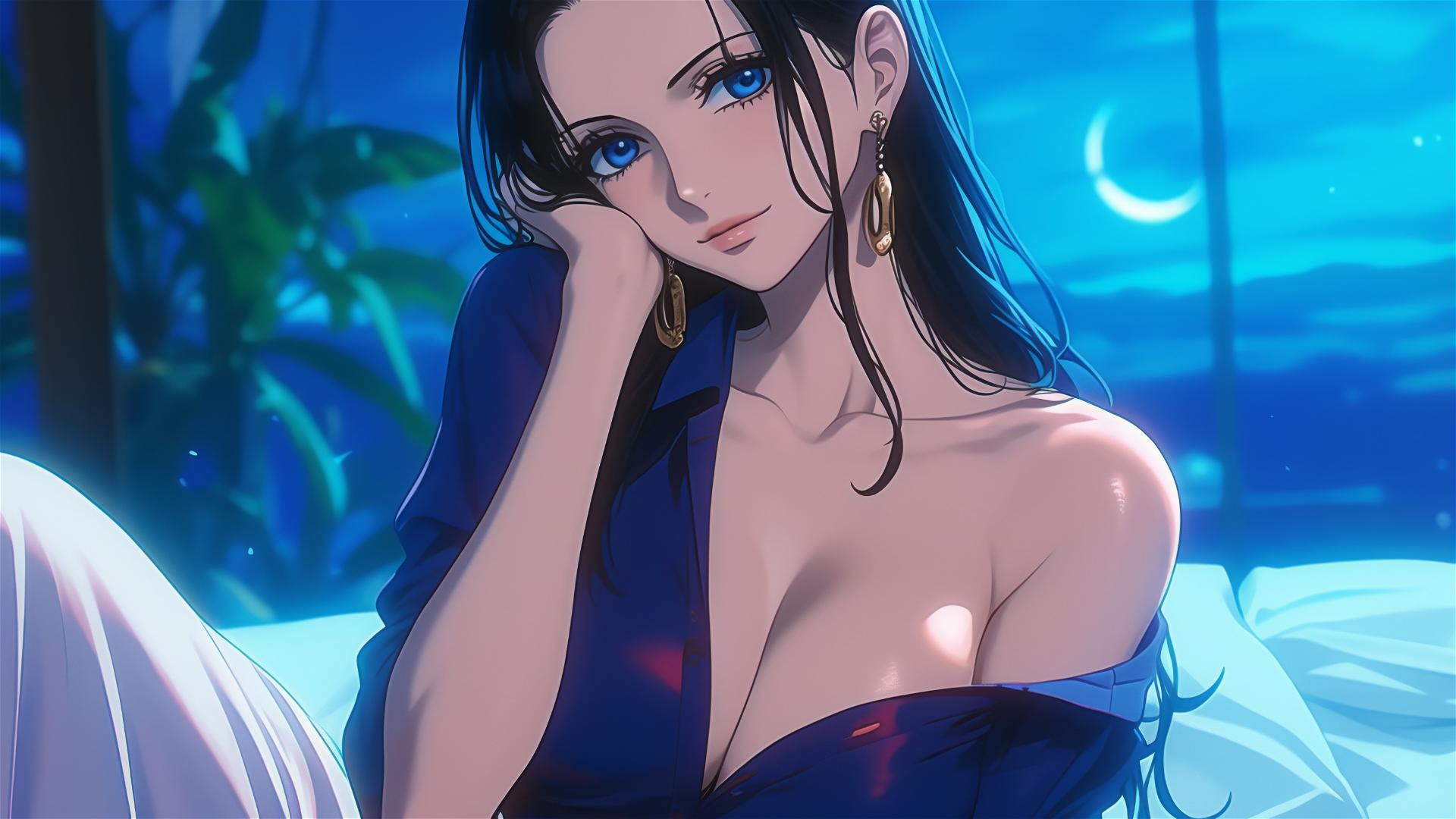 Nico Robin resting in a modern hotel room under moonlight.