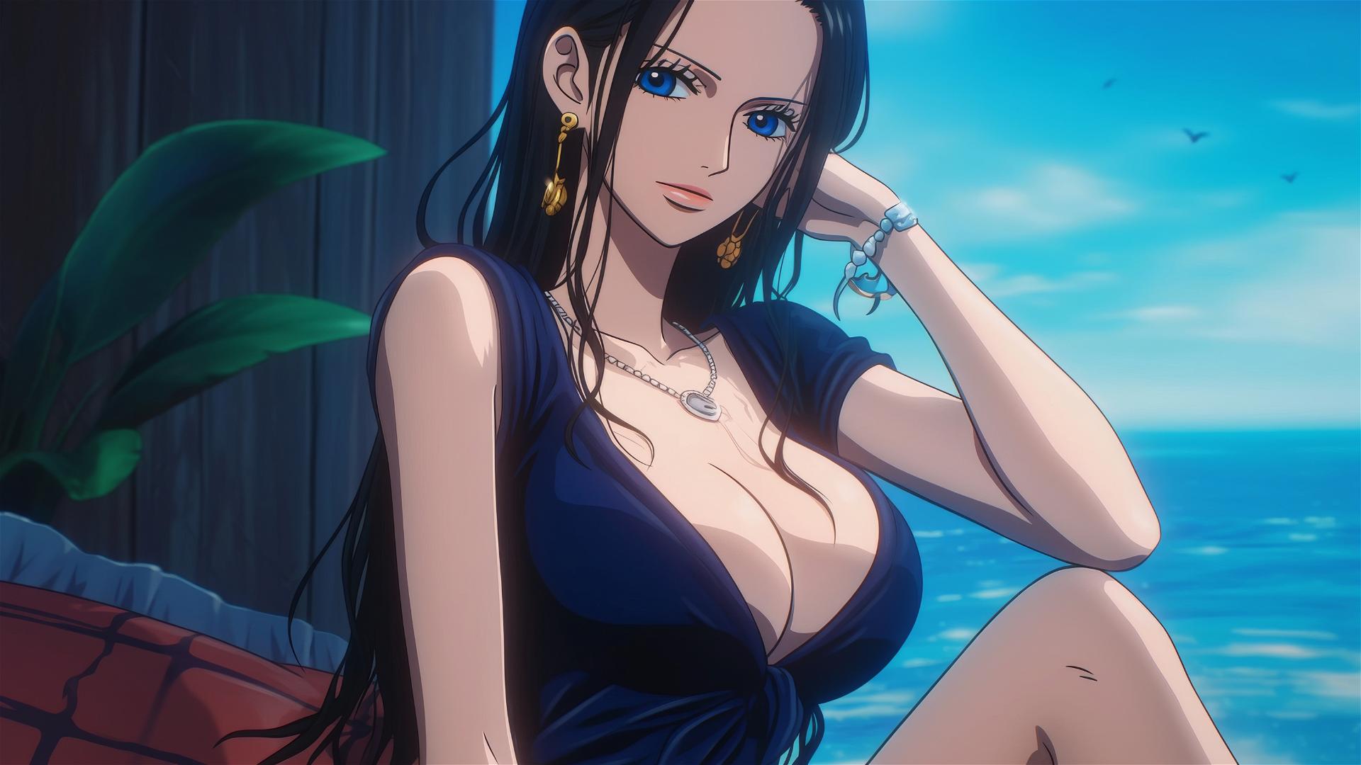 Nico Robin from One Piece resting in a modern hotel room, illuminated by moonlight.