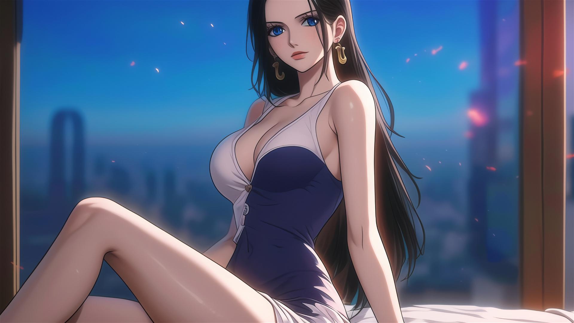 Nico Robin from One Piece resting in a modern hotel room with moonlight.