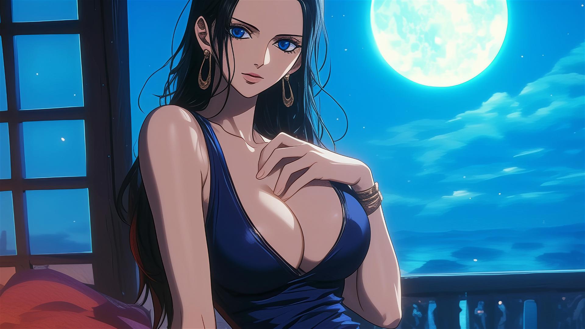 Nico Robin from One Piece resting in modern hotel room with moonlight glow