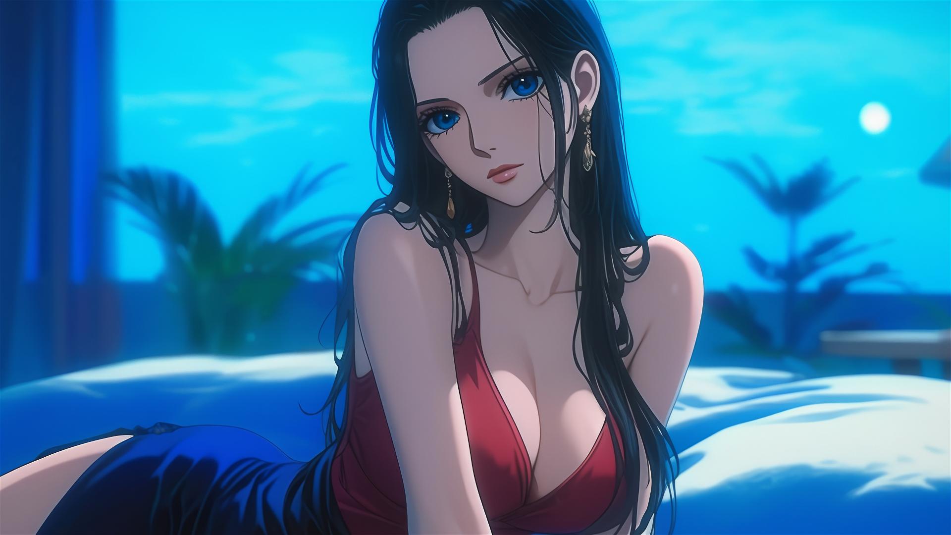 Nico Robin from One Piece resting in modern hotel room with moonlight glow
