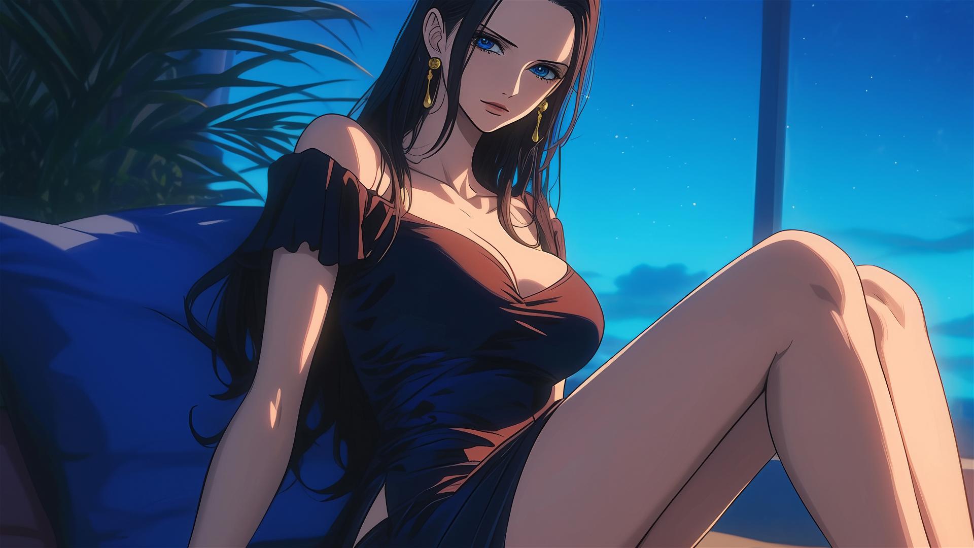 Nico Robin from One Piece relaxing in a modern hotel room illuminated by moonlight.