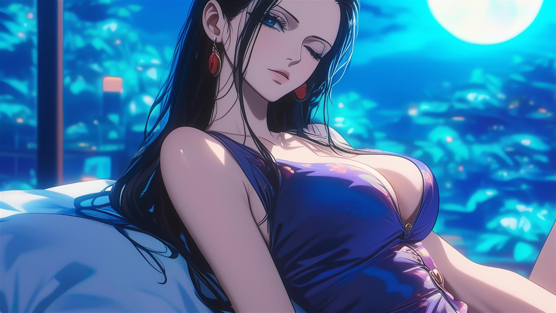 Nico Robin from One Piece resting in modern hotel room with moonlight glow.