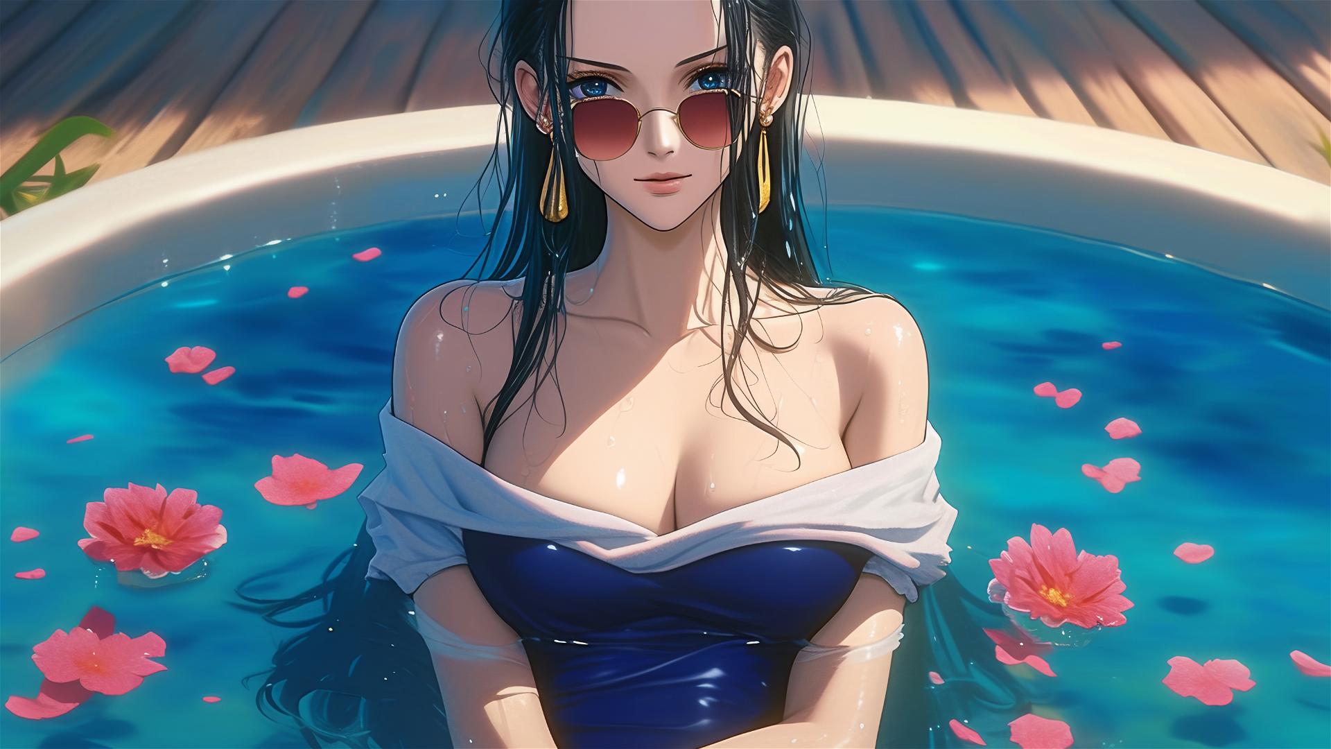 Nico Robin from One Piece in tub full of flowers, Chinese spa, sunglasses