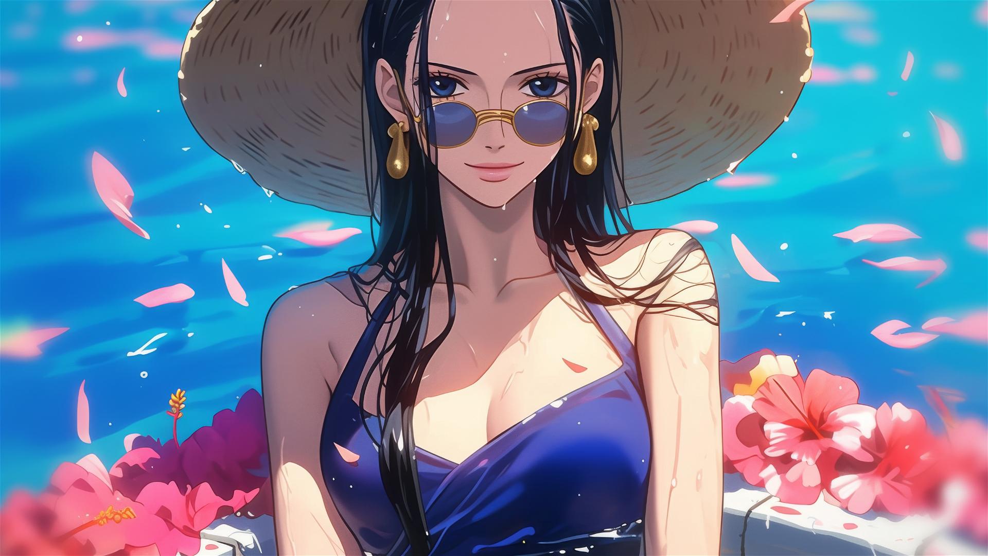 Nico Robin from One Piece in a tub filled with flowers at a Chinese spa, wearing sunglasses