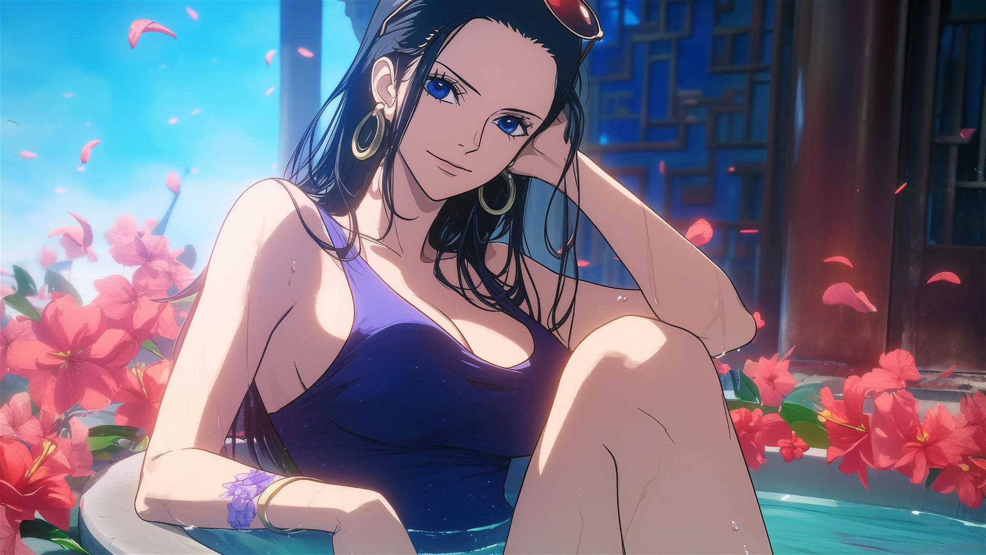 Nico Robin from One Piece in a flower-filled tub at a Chinese spa, wearing sunglasses.