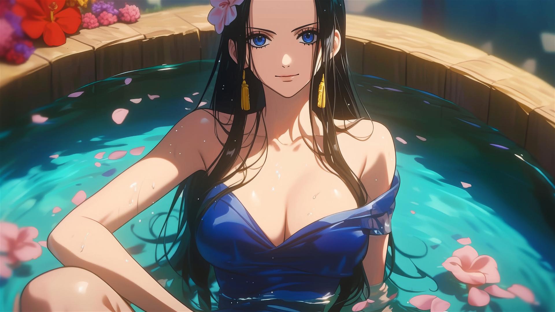 Nico Robin from One Piece in a flower-filled tub at a Chinese spa, wearing sunglasses.