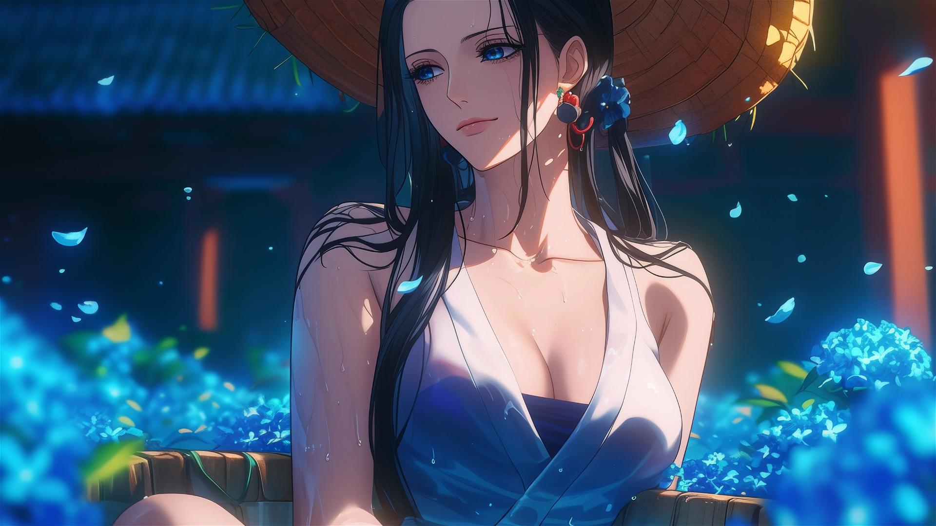 Nico Robin from One Piece in a tub full of flowers at a Chinese spa, wearing sunglasses.