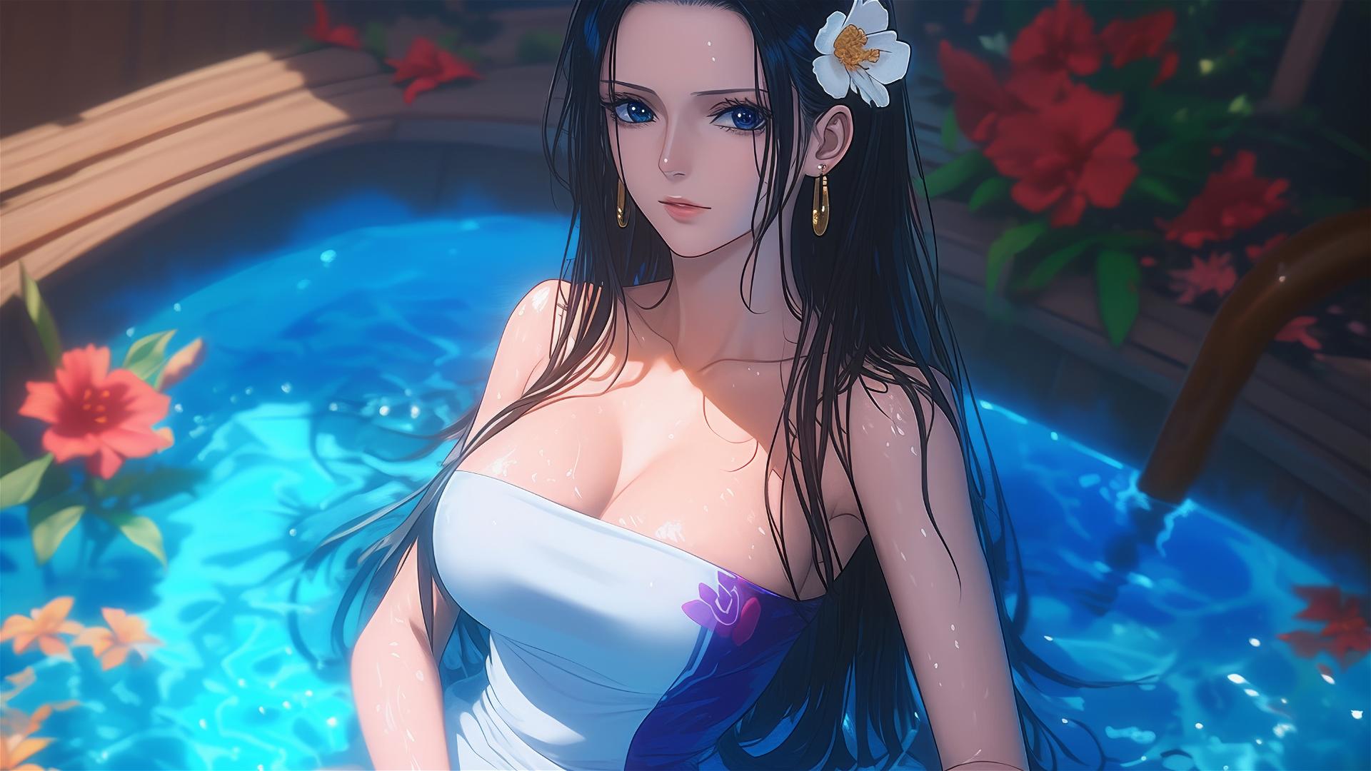 Nico Robin from One Piece in flower-filled tub at Chinese spa wearing sunglasses