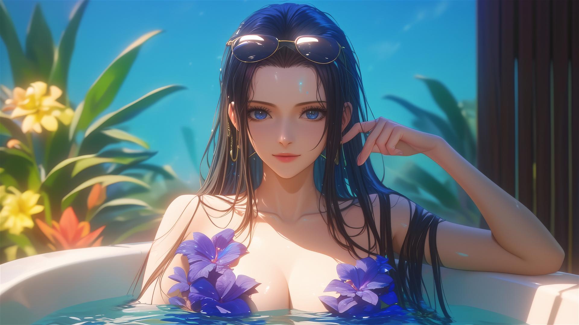 Nico Robin from One Piece in a flower-filled tub at a Chinese spa wearing sunglasses