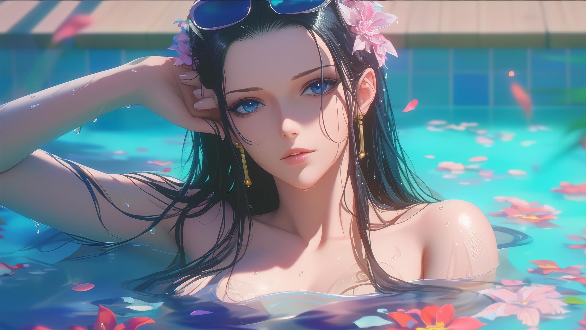 Nico Robin from One Piece in a tub full of flowers at a Chinese spa, wearing sunglasses.