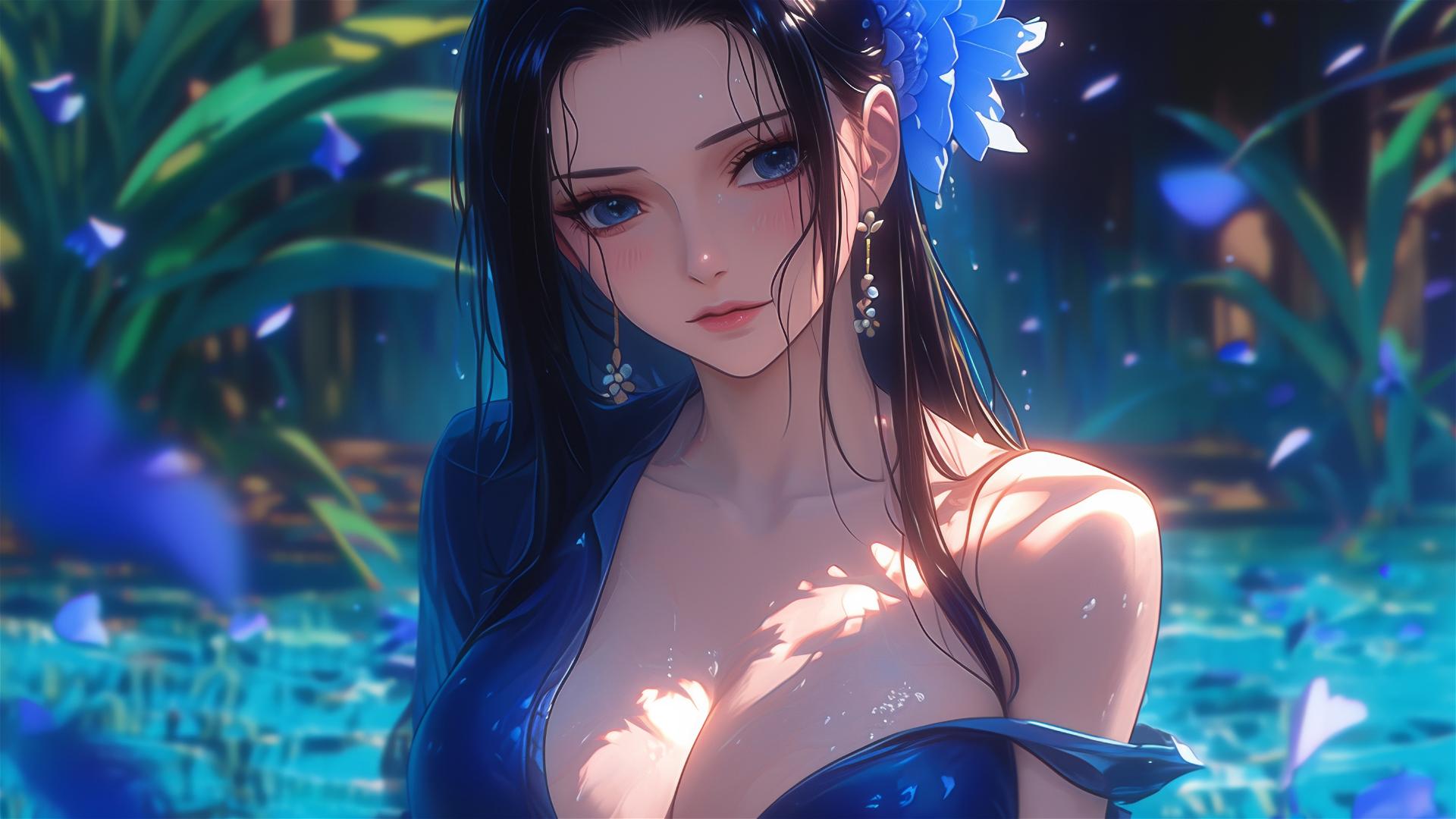 Nico Robin from One Piece in a tub full of flowers at a Chinese spa