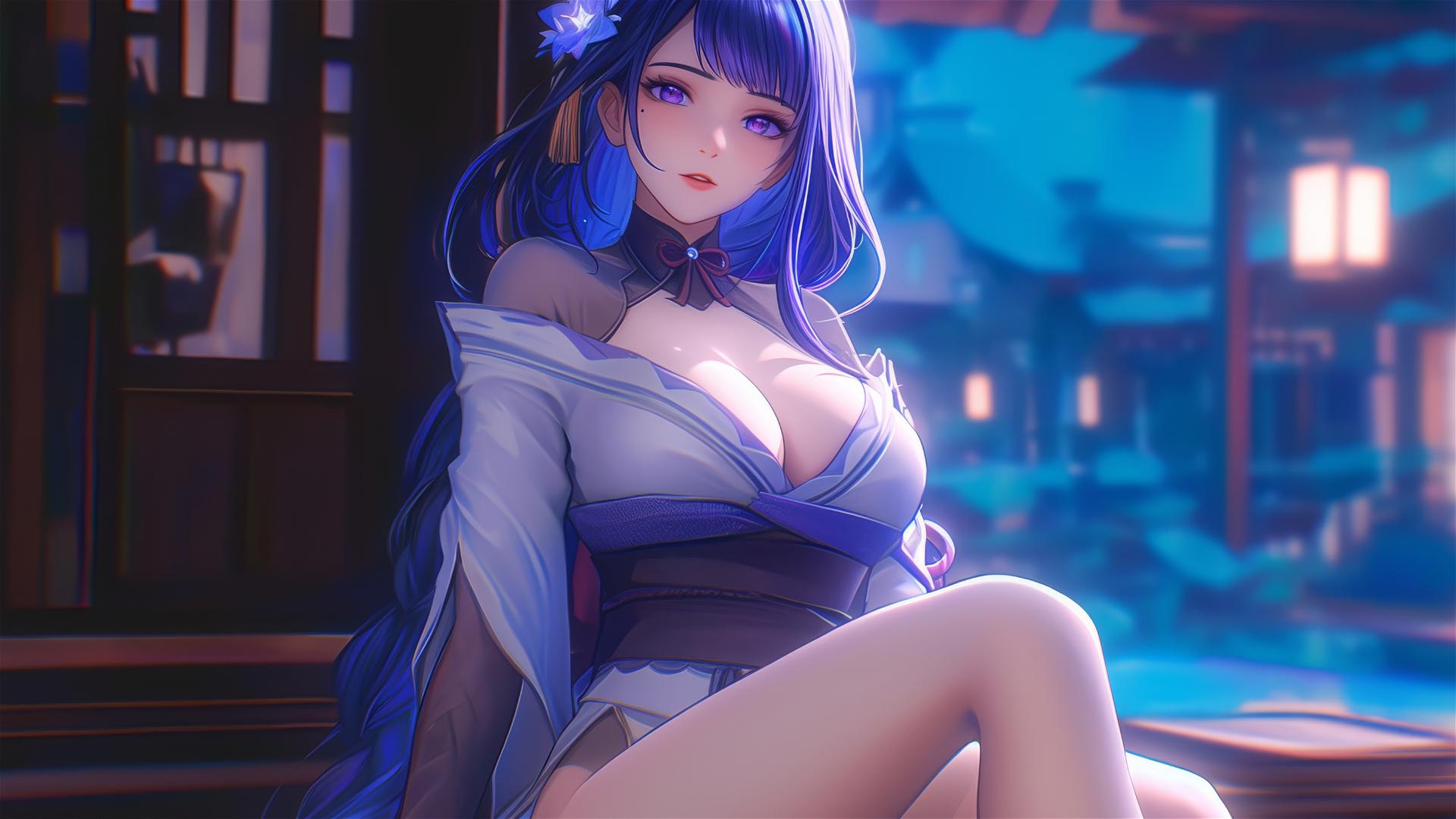 Raiden Shogun from Genshin Impact resting in a modern hotel under moonlight