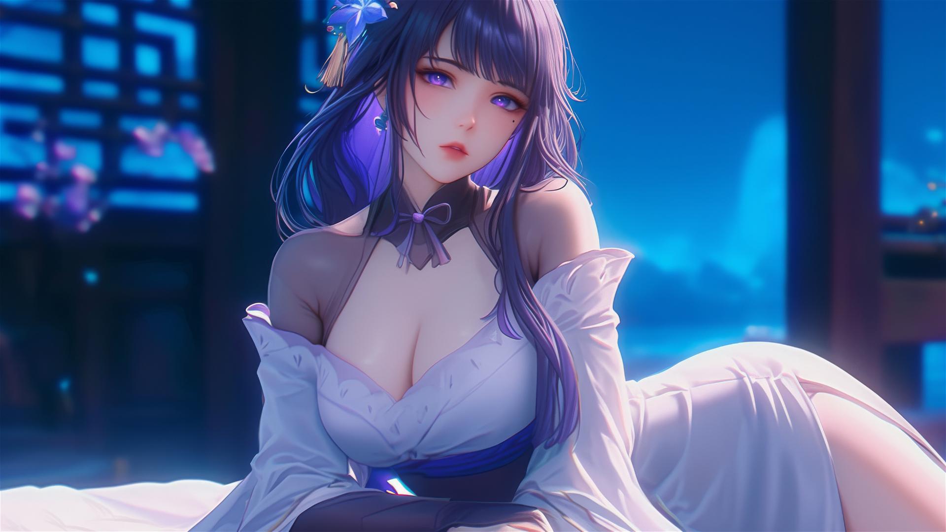 Raiden Shogun from Genshin Impact resting at a modern hotel under moonlight.