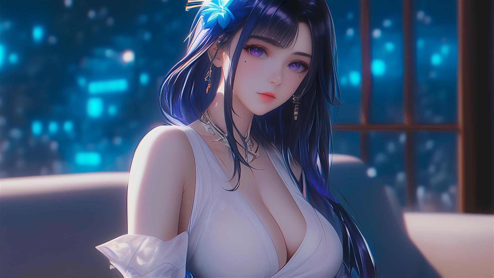 Raiden Shogun from Genshin Impact resting at a modern hotel, moonlight glow