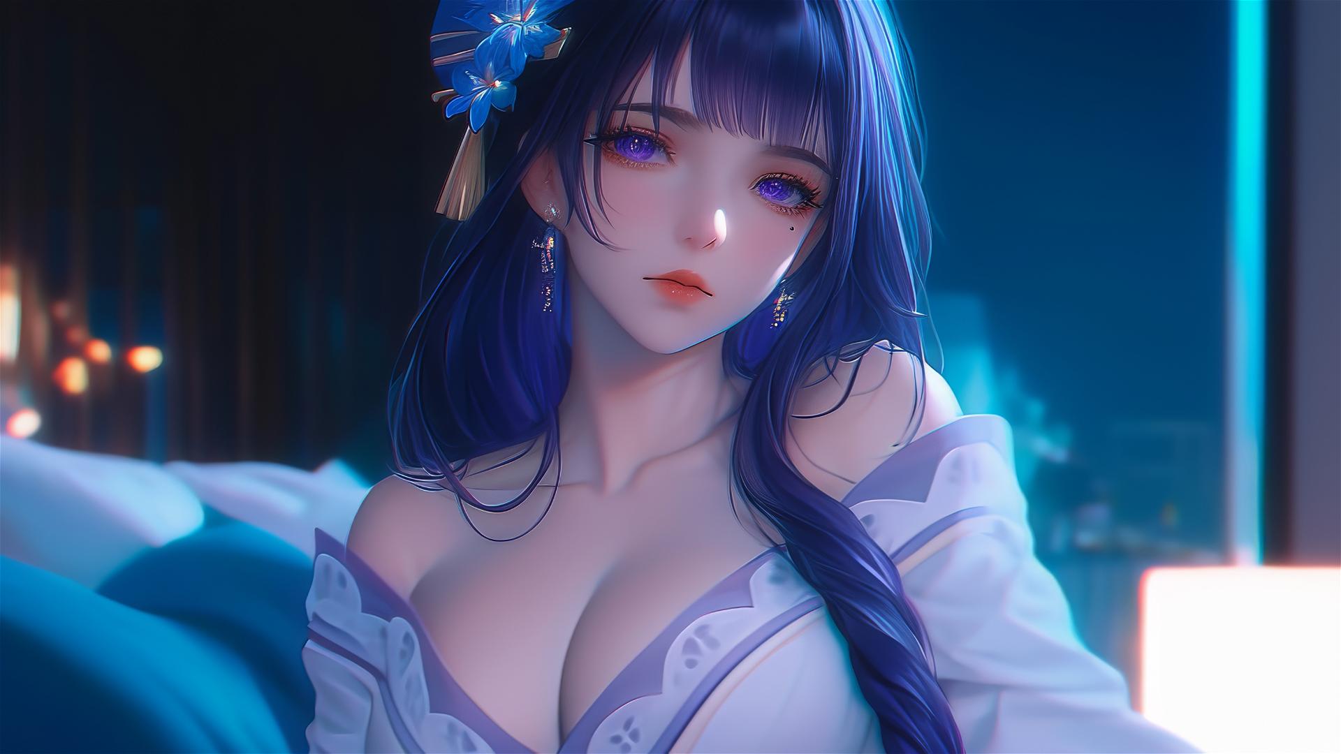 Raiden Shogun from Genshin Impact resting in a modern hotel under moonlight