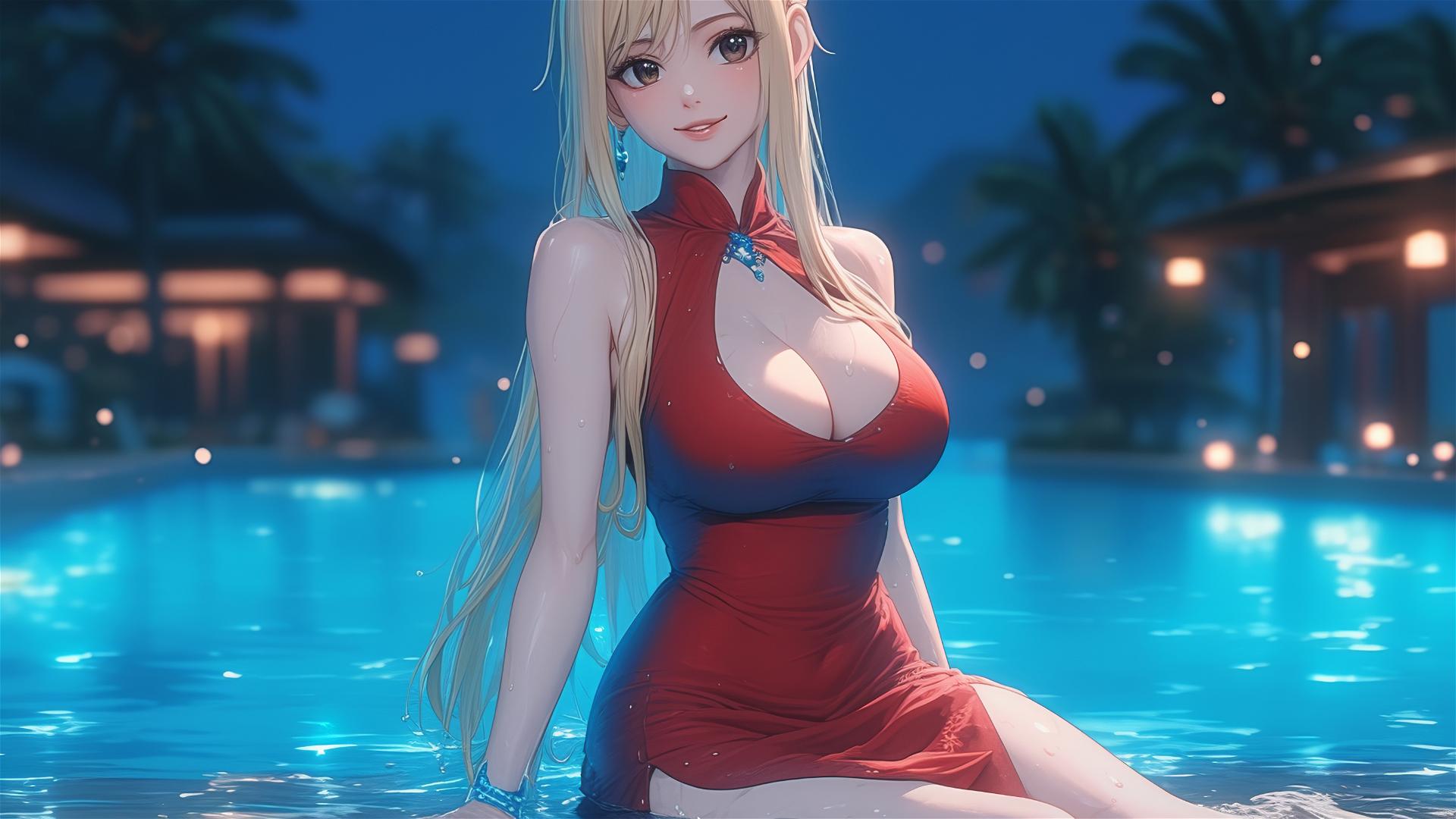 Lucy Heartfilia resting in a red dress by a rainy swimming pool under moonlight.