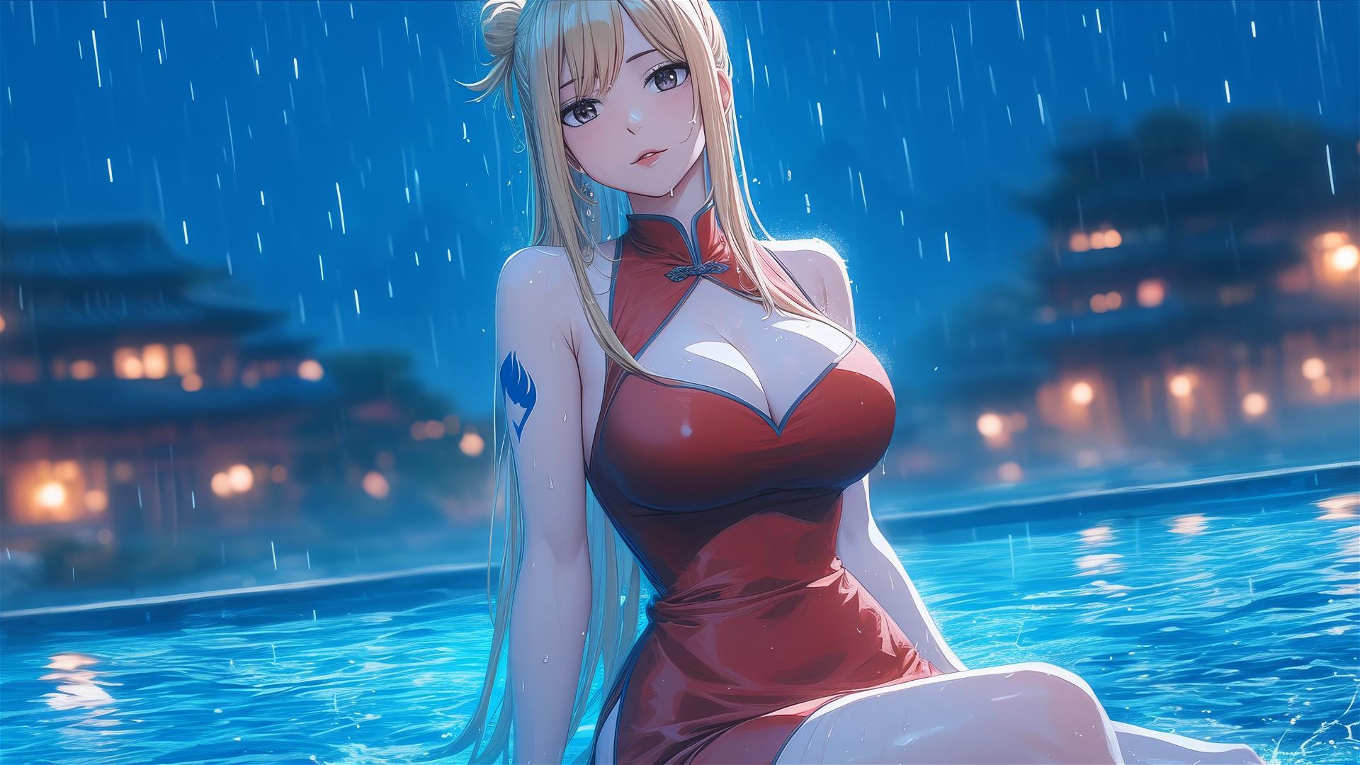 Lucy Heartfilia resting by a rainy pool under moonlight in a red dress.