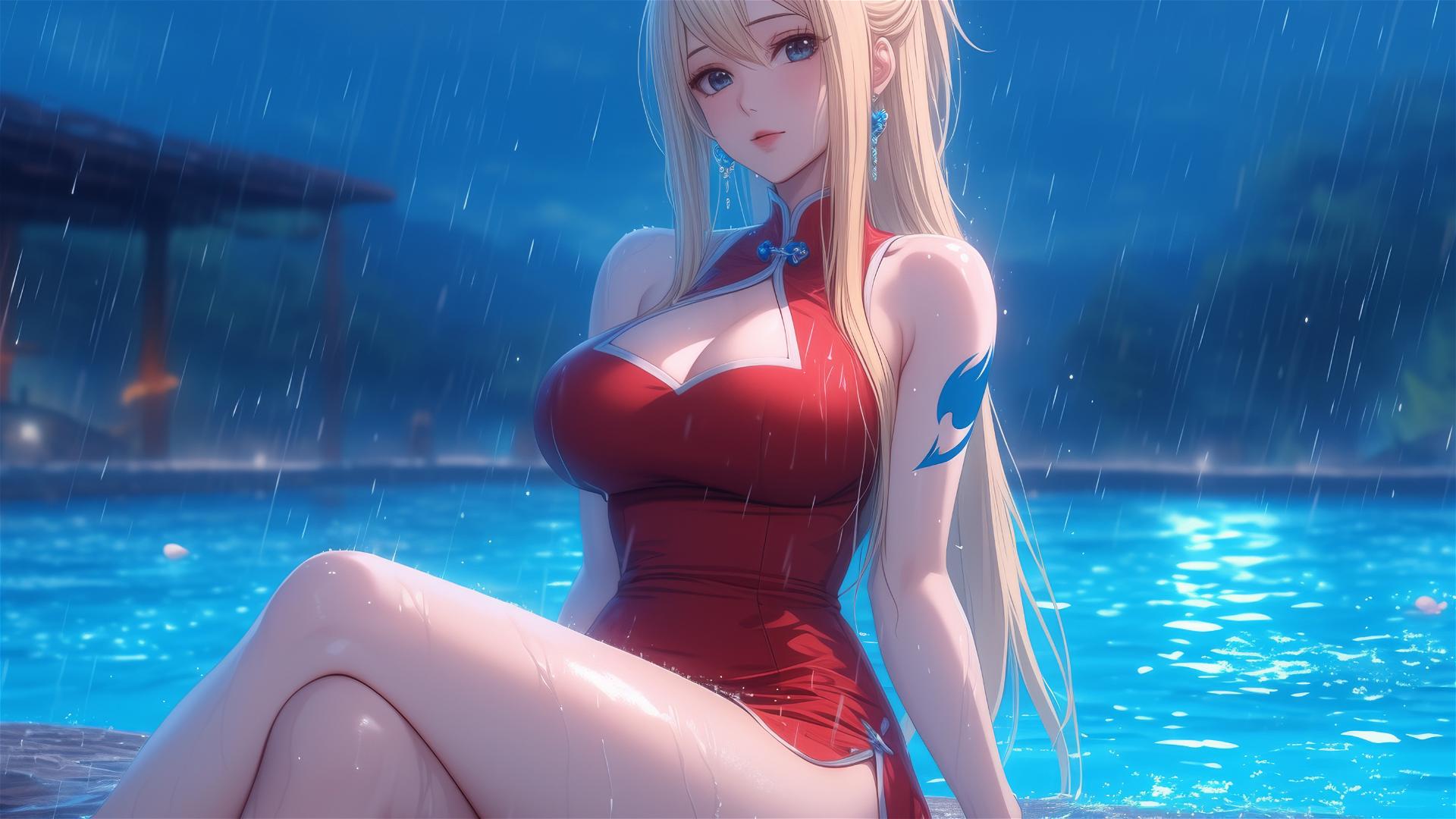 Lucy Heartfilia resting by a raining swimming pool under moonlight