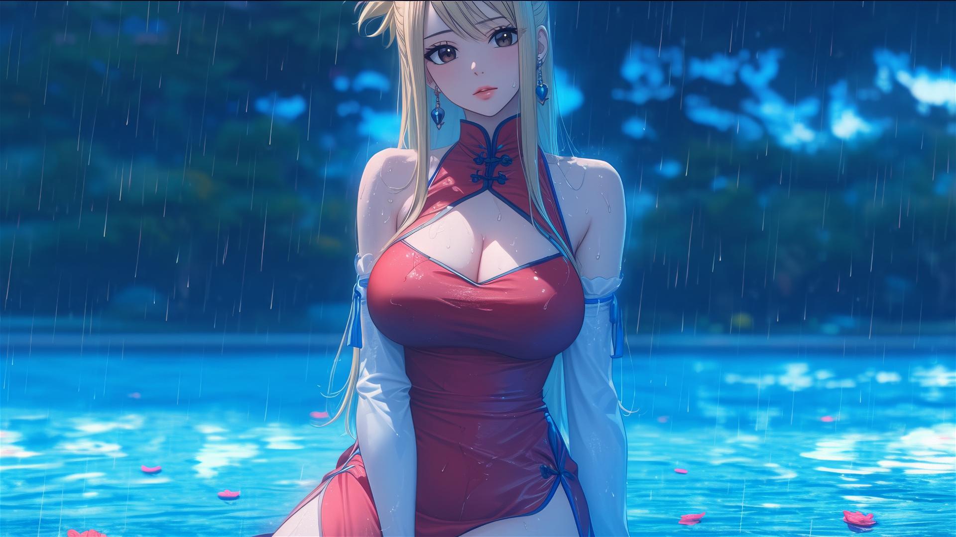 Lucy Heartfilia resting at a raining swimming pool under moonlight in a red dress