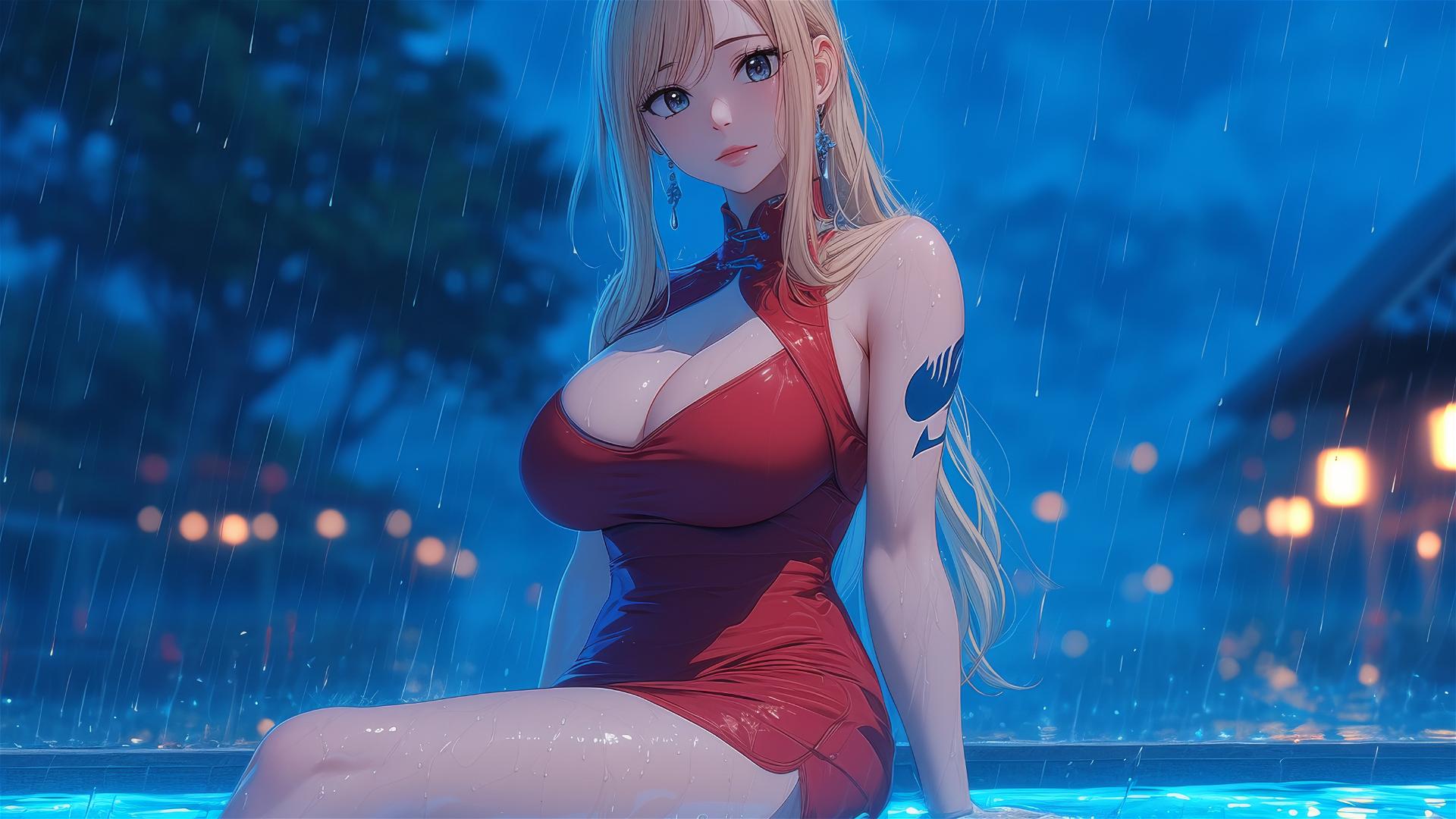 Lucy Heartfilia resting at a rain-soaked swimming pool under moonlight in a red dress