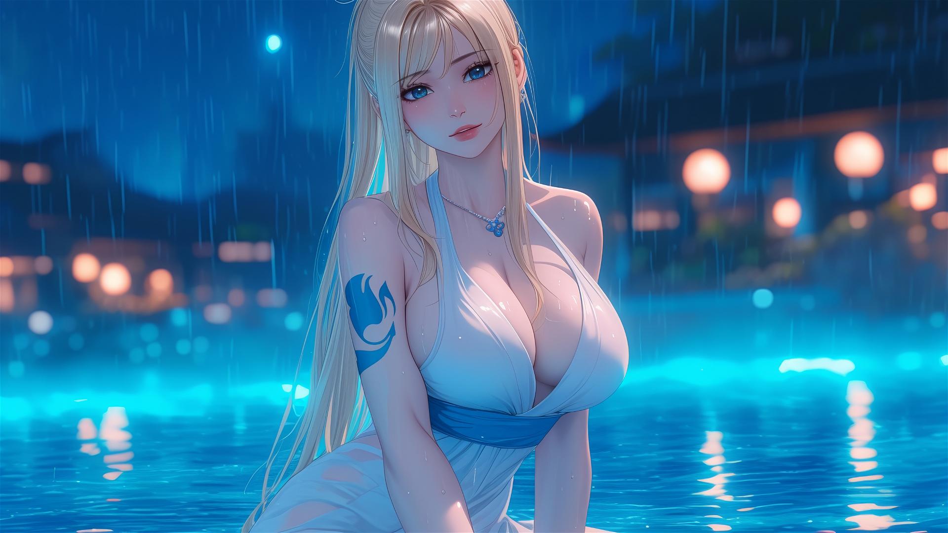 Lucy Heartfilia rests at a rainy, moonlit swimming pool in a white dress.