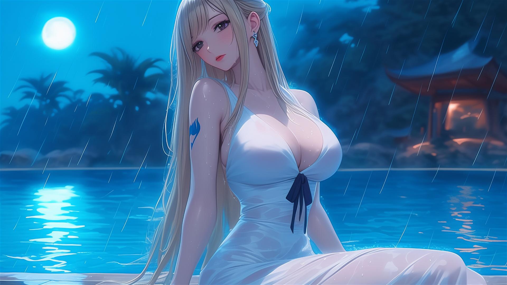 Lucy Heartfilia resting at swimming pool in rain under moonlight in white dress